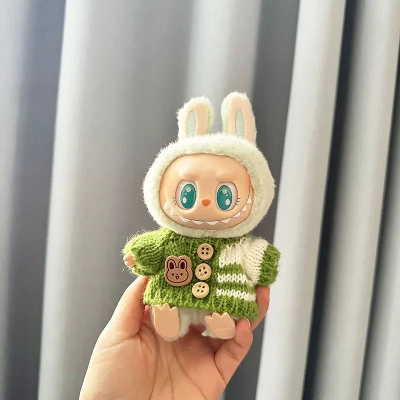 Labubu Sitting Party Dolls Cute Mini Plush Toy with Easter Bunny Sweater Outfit Labubu Series I II Collectible Doll Clothing