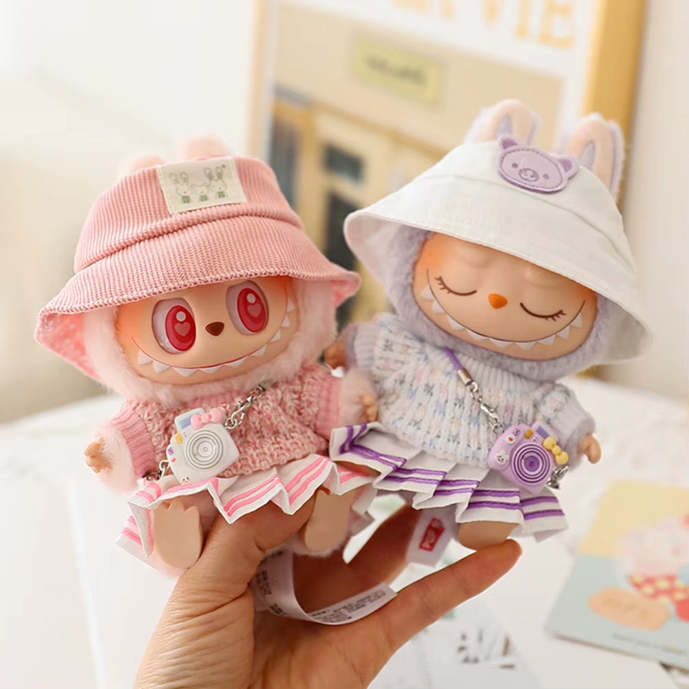 For 17Cm Labubu Mini Doll Clothes Outfit Soft Knitted Sweater Suit Sitting Party JK Pleated Skirt Set Kawaii Bear Dress DIY Toy