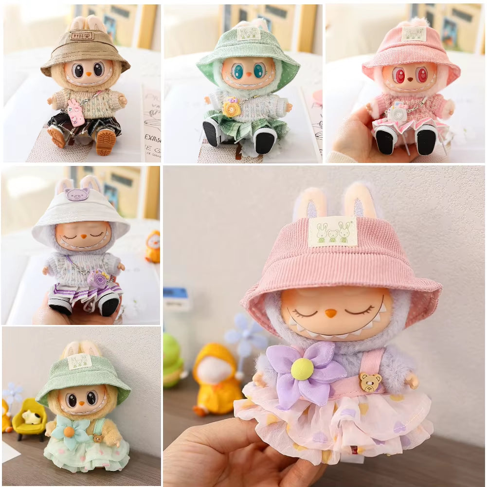 For 17Cm Labubu Mini Doll Clothes Outfit Soft Knitted Sweater Suit Sitting Party JK Pleated Skirt Set Kawaii Bear Dress DIY Toy