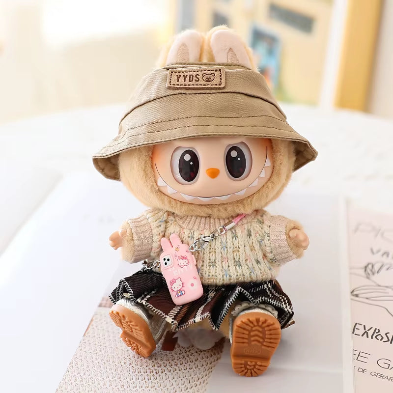 For 17Cm Labubu Mini Doll Clothes Outfit Soft Knitted Sweater Suit Sitting Party JK Pleated Skirt Set Kawaii Bear Dress DIY Toy