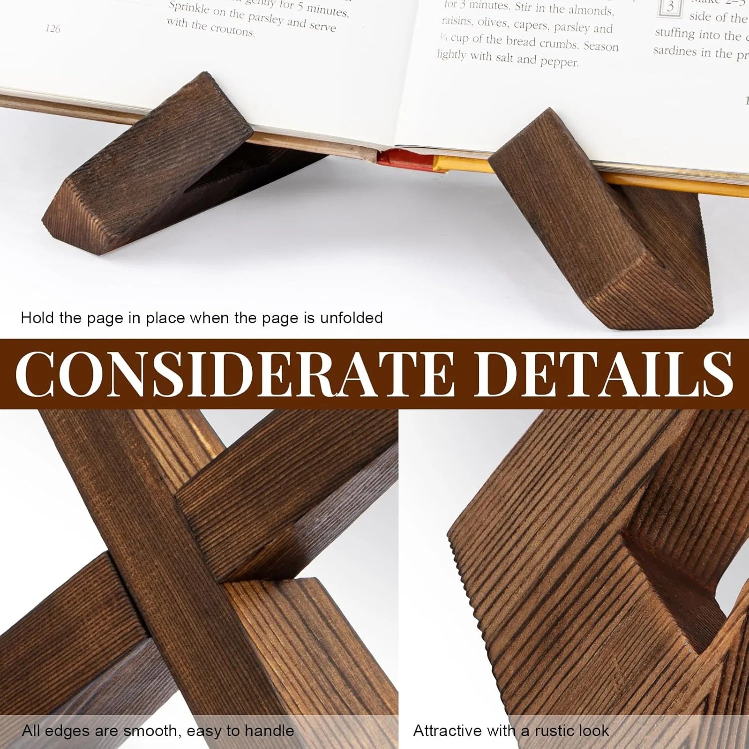 Cookbook Stand for Kitchen, Recipe Book Holder for Kitchen Counter, Wooden Cookbook Holder, Rustic Cook Book Holder Stand - Rustic Brown