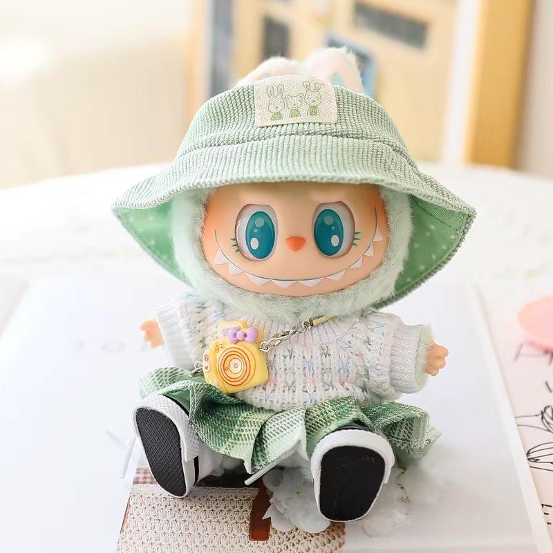 For 17Cm Labubu Mini Doll Clothes Outfit Soft Knitted Sweater Suit Sitting Party JK Pleated Skirt Set Kawaii Bear Dress DIY Toy