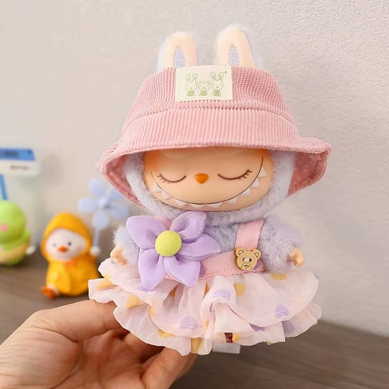 For 17Cm Labubu Mini Doll Clothes Outfit Soft Knitted Sweater Suit Sitting Party JK Pleated Skirt Set Kawaii Bear Dress DIY Toy