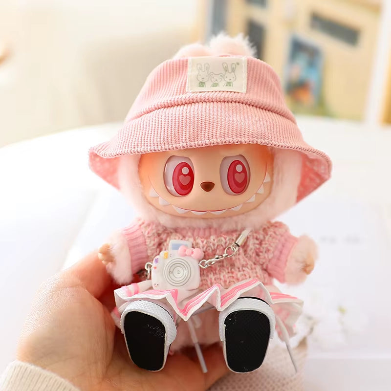 For 17Cm Labubu Mini Doll Clothes Outfit Soft Knitted Sweater Suit Sitting Party JK Pleated Skirt Set Kawaii Bear Dress DIY Toy