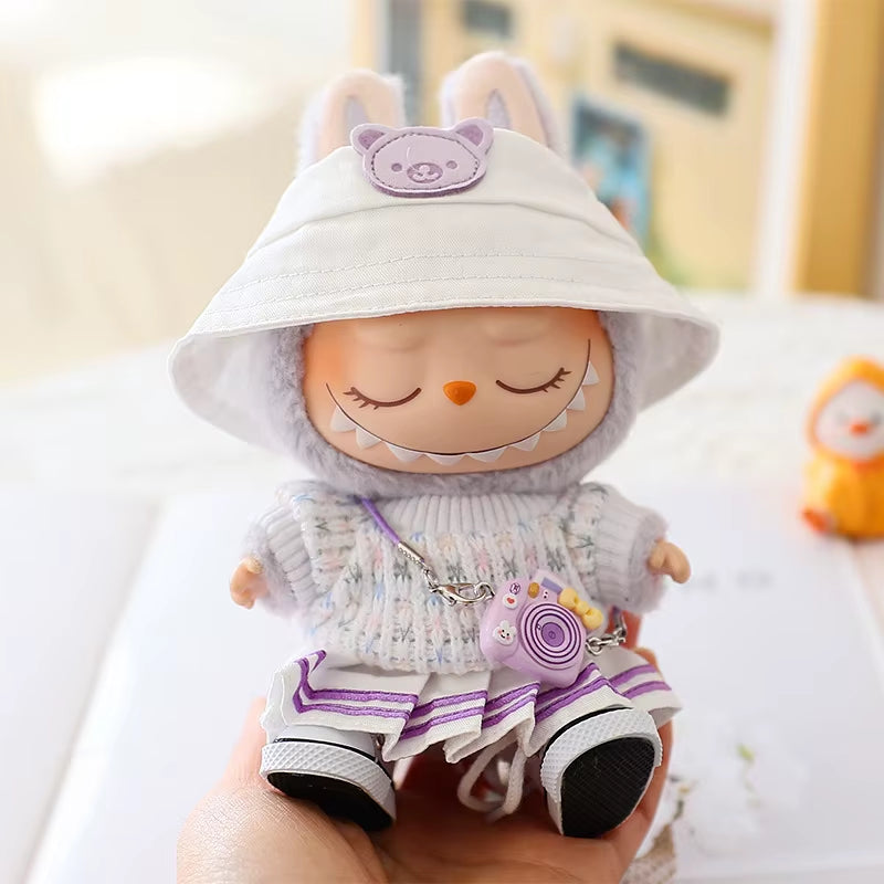 For 17Cm Labubu Mini Doll Clothes Outfit Soft Knitted Sweater Suit Sitting Party JK Pleated Skirt Set Kawaii Bear Dress DIY Toy