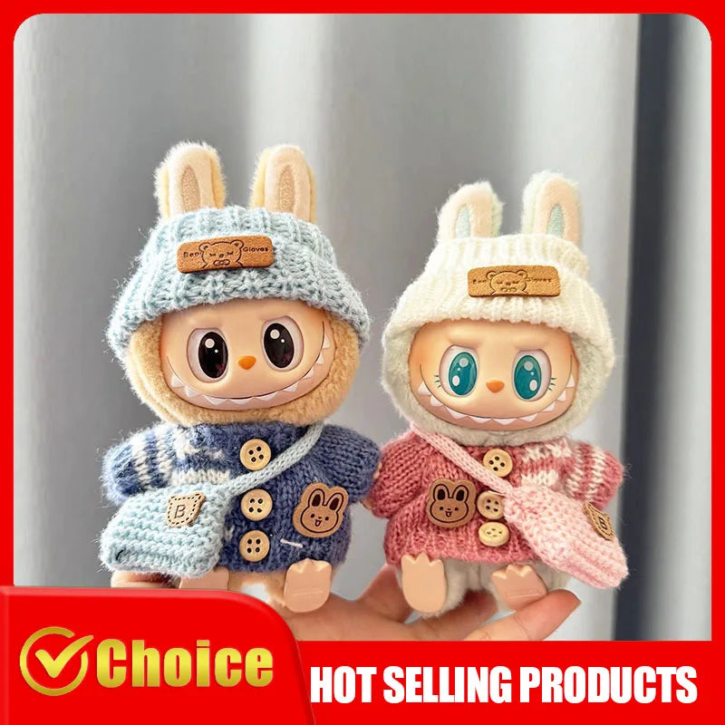 Labubu Sitting Party Dolls Cute Mini Plush Toy with Easter Bunny Sweater Outfit Labubu Series I II Collectible Doll Clothing
