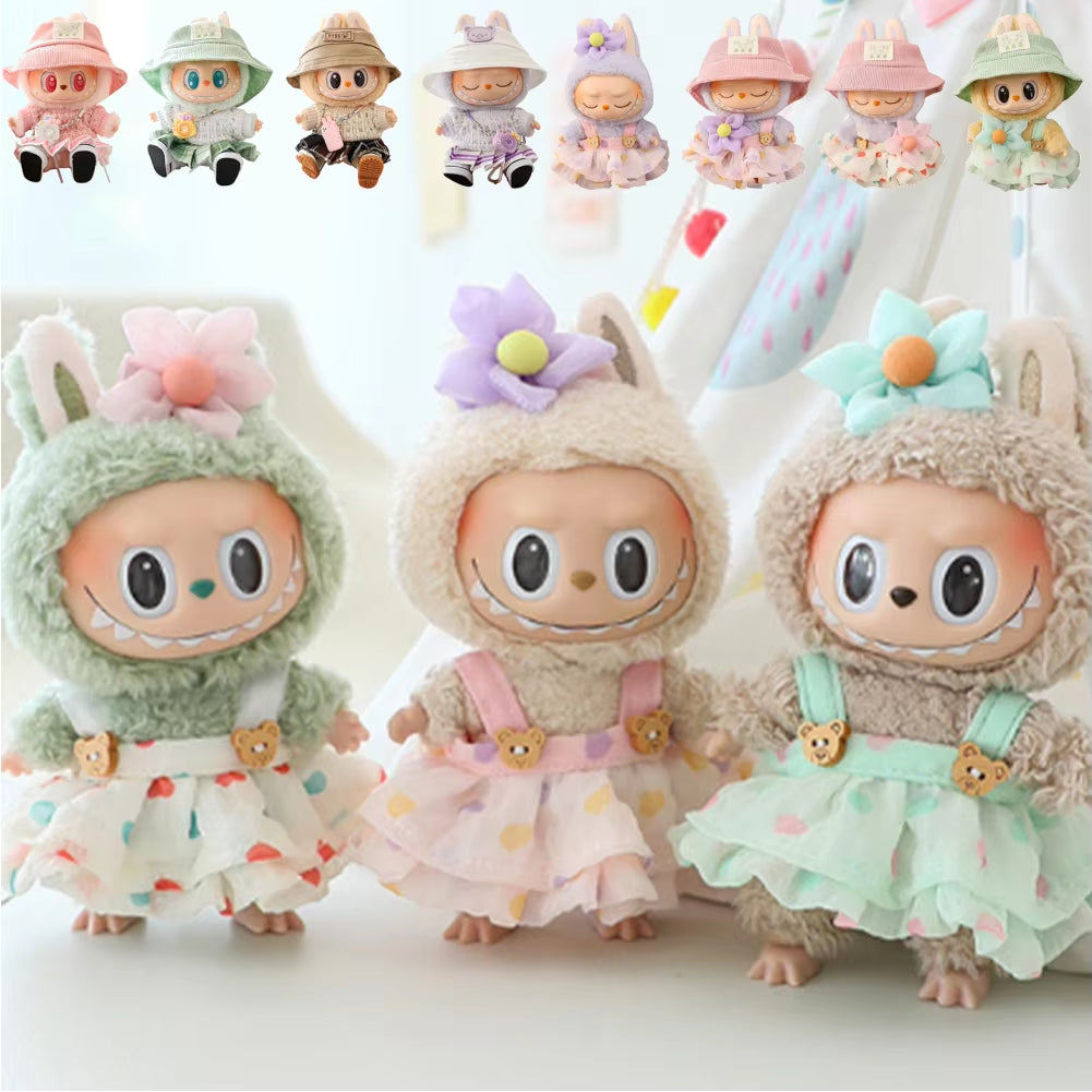 For 17Cm Labubu Mini Doll Clothes Outfit Soft Knitted Sweater Suit Sitting Party JK Pleated Skirt Set Kawaii Bear Dress DIY Toy